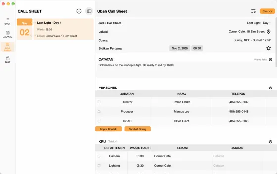 Call Sheet · Previs Shot
