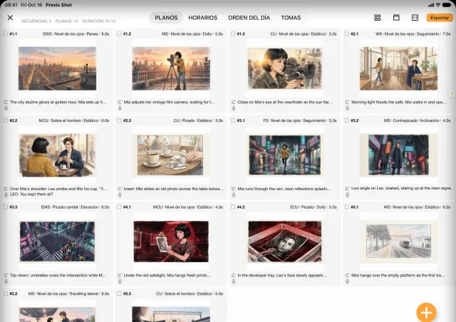 Previs Shot en iPad: la lista de planos de la que sale el texto del teleprompter