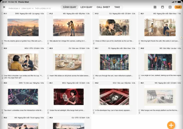 Previs Shot trên iPad: danh sách cảnh quay làm nguồn cho kịch bản nhắc chữ