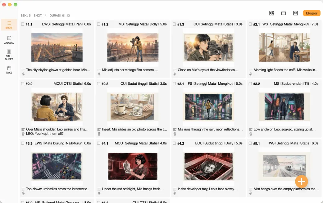 Tampilan alat produksi film Previs Shot