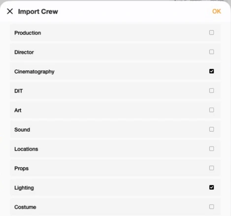 Previs Shot Import Crew dialog with a checklist of departments — Production, Director, Cinematography, DIT, Art, Sound, Locations, Props, Lighting, Costume — with Cinematography and Lighting checked