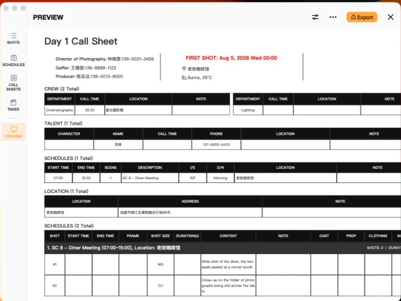 Previs Shot call sheet print preview showing crew, talent, schedule, location and a shot breakdown table