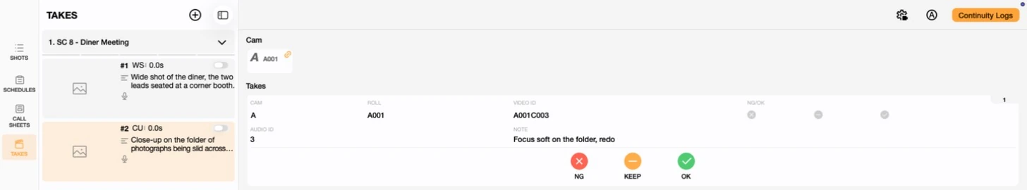 Previs Shot TAKES view showing shot #2's only take, A001C003, unscored, with the note Focus soft on the folder, redo