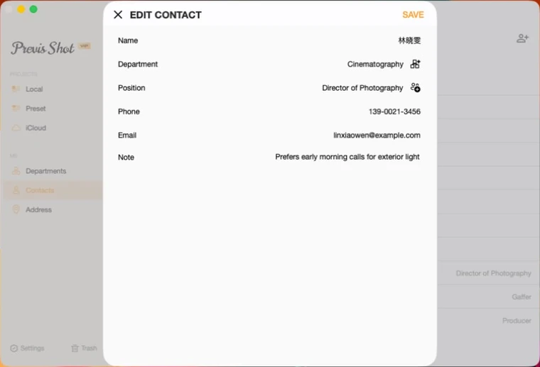 Previs Shot Edit Contact form for a crew member with Name, Department, Position, Phone, Email and Note fields filled in