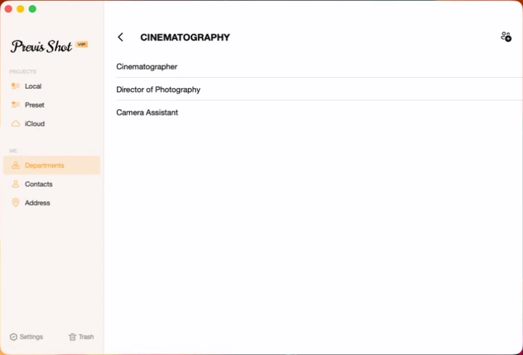 Previs Shot Cinematography department detail showing three roles: Cinematographer, Director of Photography, Camera Assistant