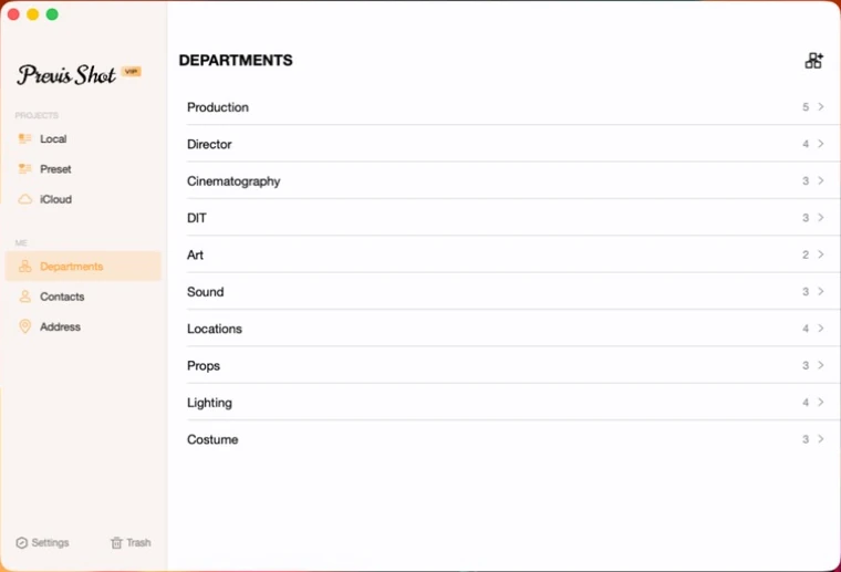 Previs Shot Departments list showing Production, Director, Cinematography, DIT, Art, Sound, Locations, Props, Lighting and Costume, each with a role count
