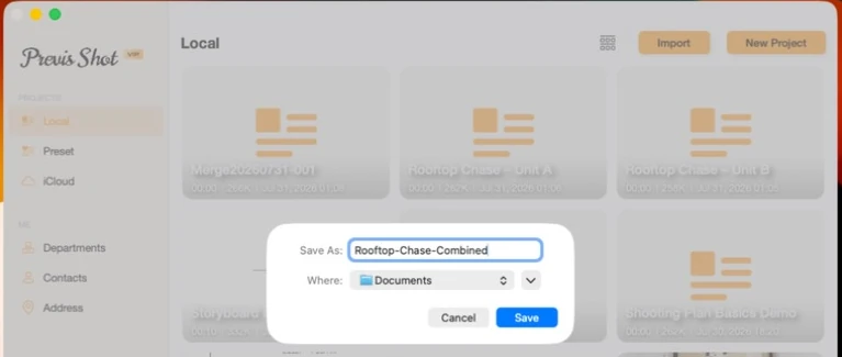 Previs Shot export save dialog with the filename Rooftop-Chase-Combined and a Documents location, Cancel and Save buttons