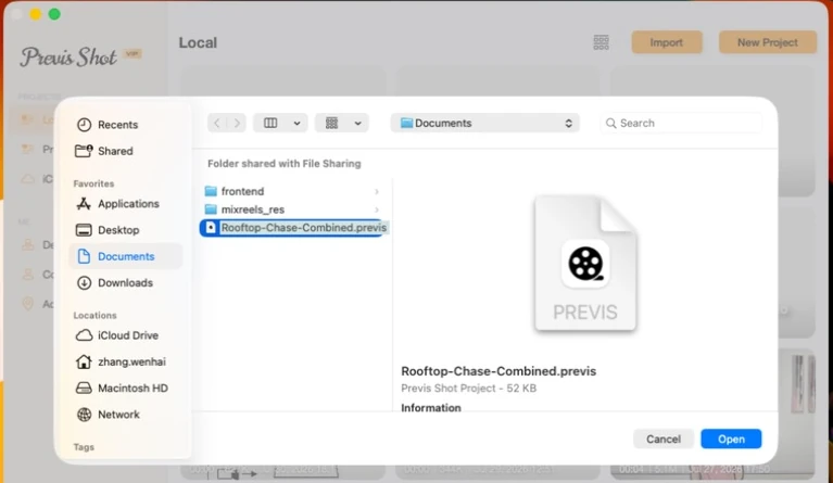 macOS file picker with Rooftop-Chase-Combined.previs selected, showing a PREVIS file icon and Previs Shot Project · 52 KB in the preview pane