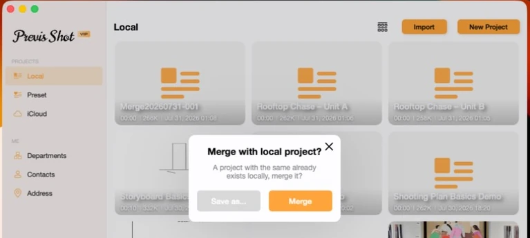 Previs Shot dialog reading Merge with local project? A project with the same already exists locally, merge it? with Save as… and Merge buttons