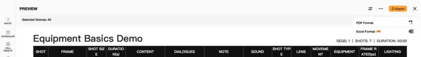 Previs Shot export preview with a dropdown showing PDF Format and Excel Format (marked VIP) options