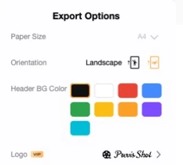 Previs Shot Export Options panel with Paper Size set to A4, Orientation set to Landscape, a row of Header BG Color swatches, and a Logo option marked VIP