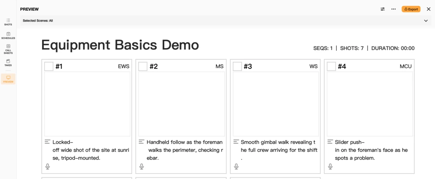 Previs Shot export preview showing a storyboard grid layout with four numbered shot panels and their content notes