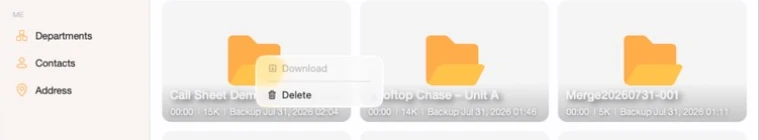 Previs Shot right-click menu on an iCloud project backup showing Download greyed out and Delete available