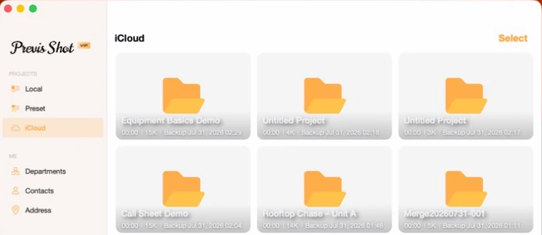 Previs Shot iCloud tab in the sidebar showing project backups as folder cards, each labeled with a Backup date
