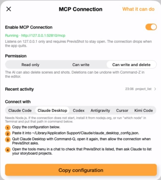 Previs Shot MCP Connection settings panel showing the enable toggle, permission levels, recent activity, and a Connect With row for Claude Code, Claude Desktop, Codex, Antigravity, Cursor and Kimi Code