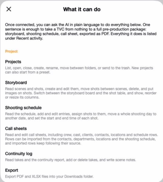 Previs Shot's What it can do panel listing Projects, Storyboard, Shooting schedule, Call sheets, Continuity log, Export, Departments and roles, and Contacts and locations