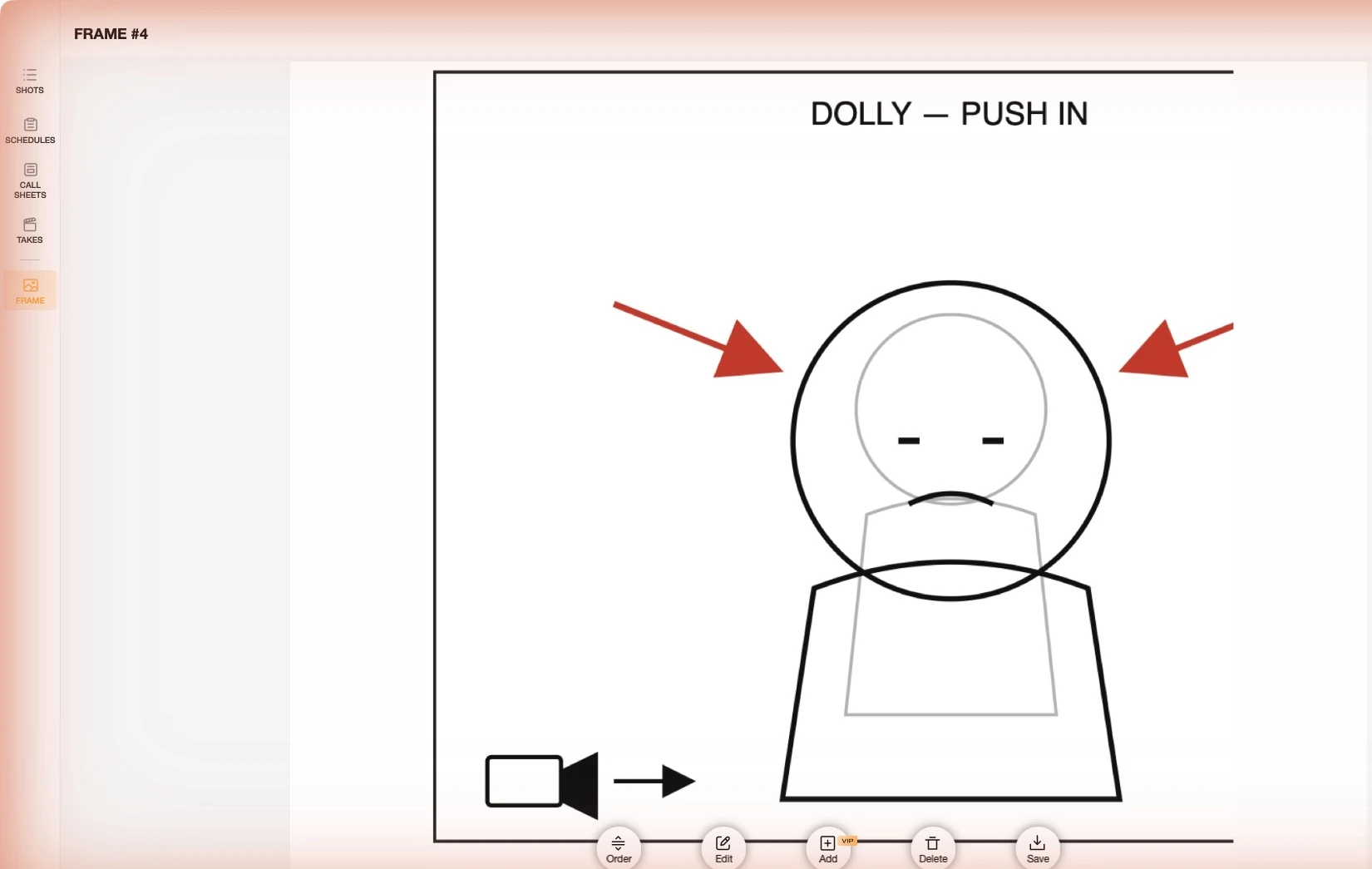 The Previs Shot FRAME editor with a rough sketch and a camera movement arrow drawn over it