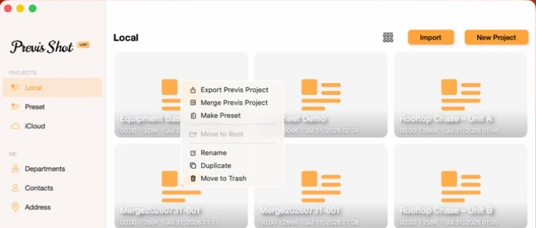 Previs Shot right-click context menu on a project card showing Export Previs Project, Merge Previs Project, Make Preset, Move to Root, Rename, Duplicate and Move to Trash