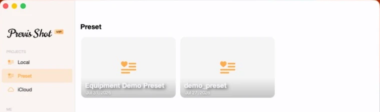 Previs Shot Preset tab in the sidebar showing two saved presets as cards