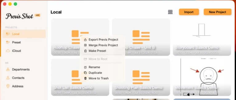 Previs Shot project card context menu showing Export Previs Project, Merge Previs Project, Make Preset, Move to Root, Rename, Duplicate and Move to Trash