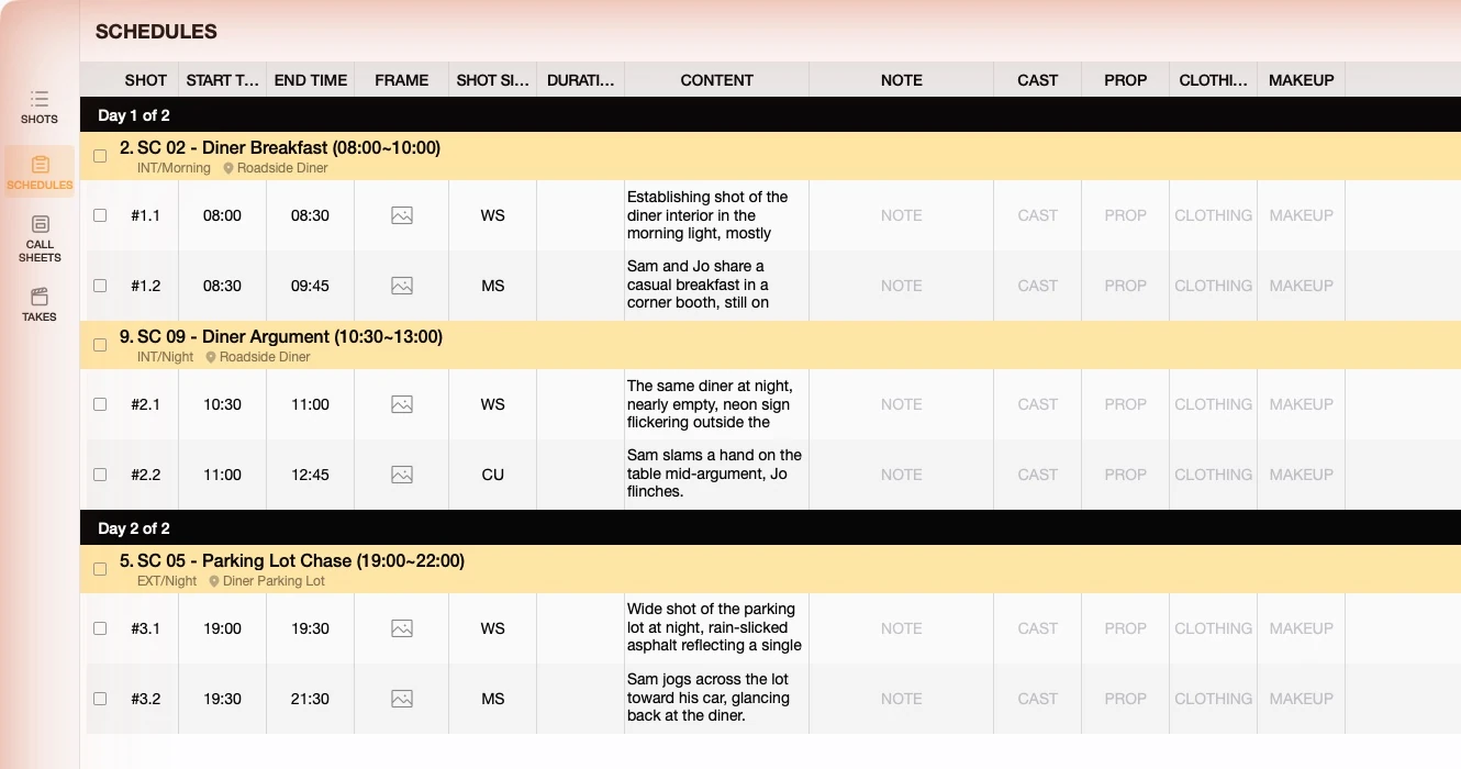 Previs Shot SCHEDULES view showing scenes grouped into two shooting days with time slots