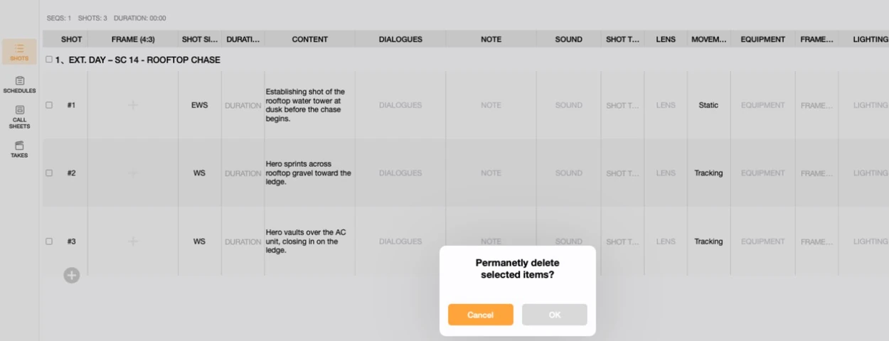 Previs Shot confirmation dialog reading Permanently delete selected items? with Cancel and OK buttons
