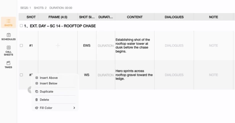 Previs Shot right-click menu on a shot row showing Insert Above, Insert Below, Duplicate, Delete and Fill Color