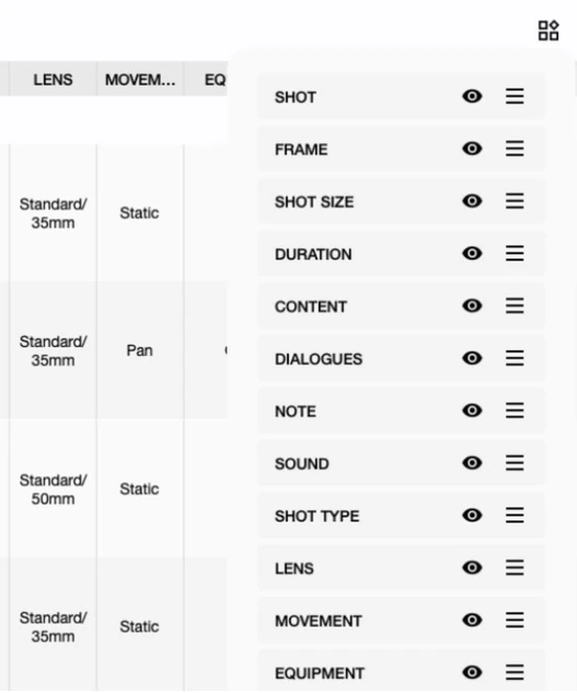 Previs Shot column manager panel listing SHOT, FRAME, SHOT SIZE, DURATION, CONTENT, DIALOGUES, NOTE, SOUND, SHOT TYPE, LENS, MOVEMENT and EQUIPMENT, each with a visibility toggle and a drag handle