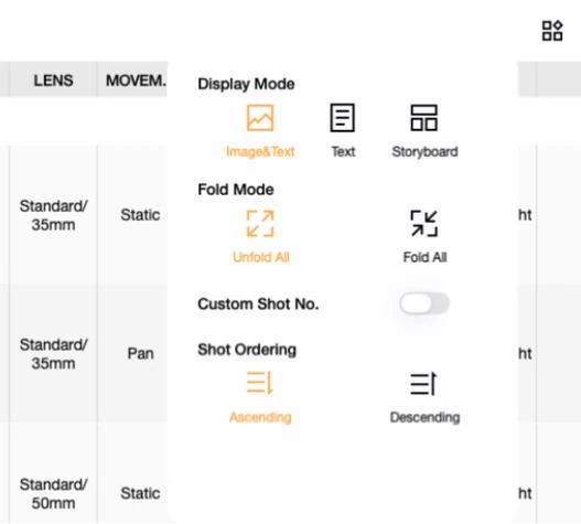 The display mode switcher in Previs Shot, offering thumbnail, text-only and storyboard layouts