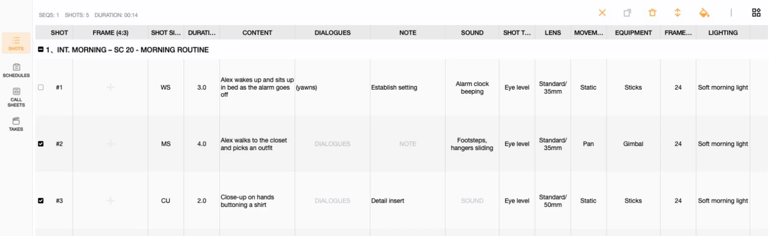 Selection mode in the Previs Shot SHOTS view with several shots selected and bulk actions available