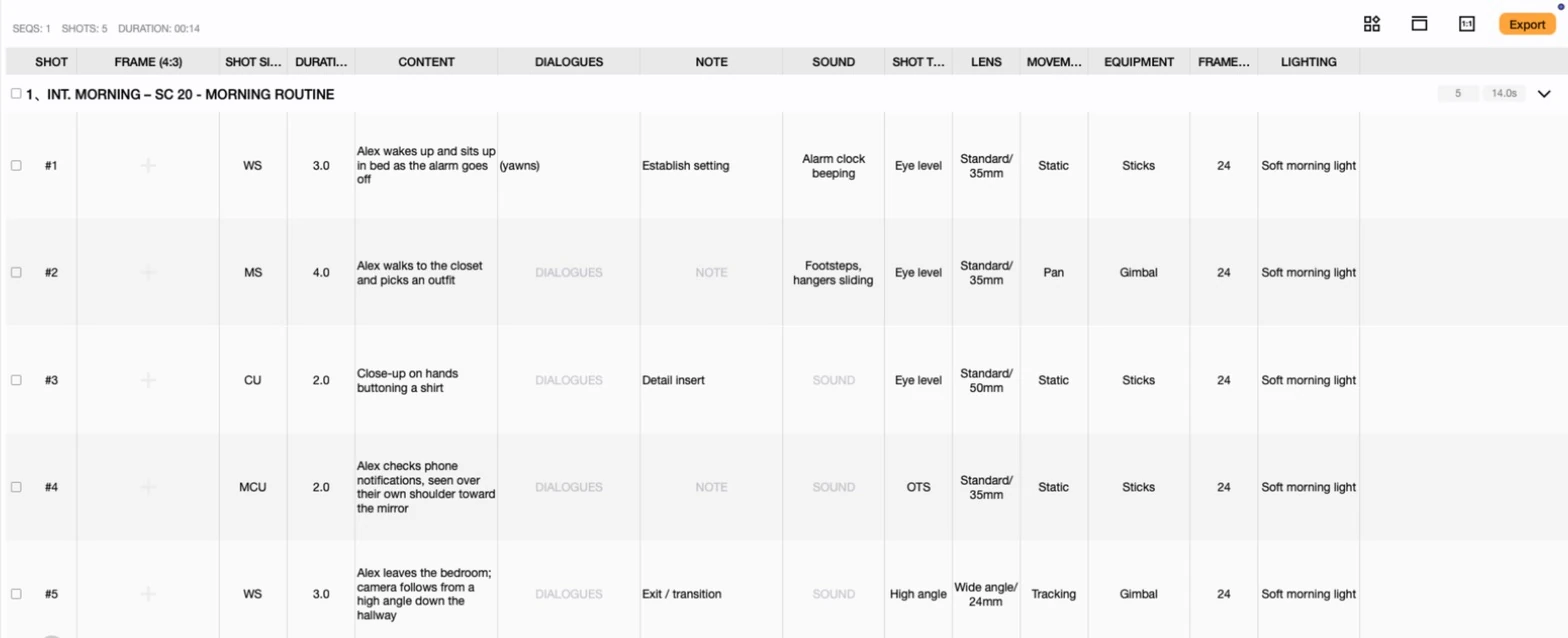 Previs Shot SHOTS view showing a sequence with shot size, shot type, movement, lens and equipment columns filled in