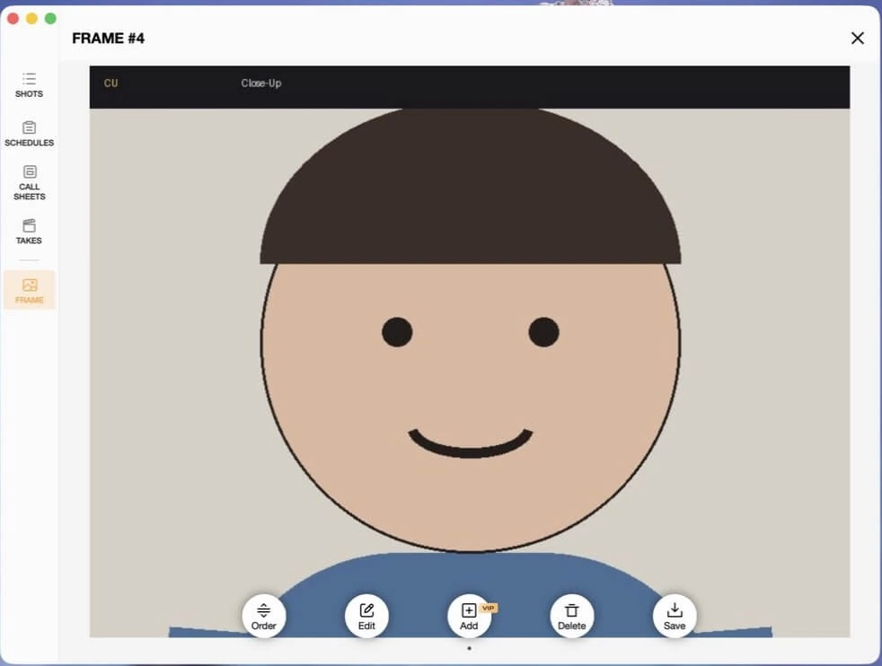 Previs Shot FRAME editor with the Close-Up shot open, showing the Order / Edit / Add / Delete / Save toolbar