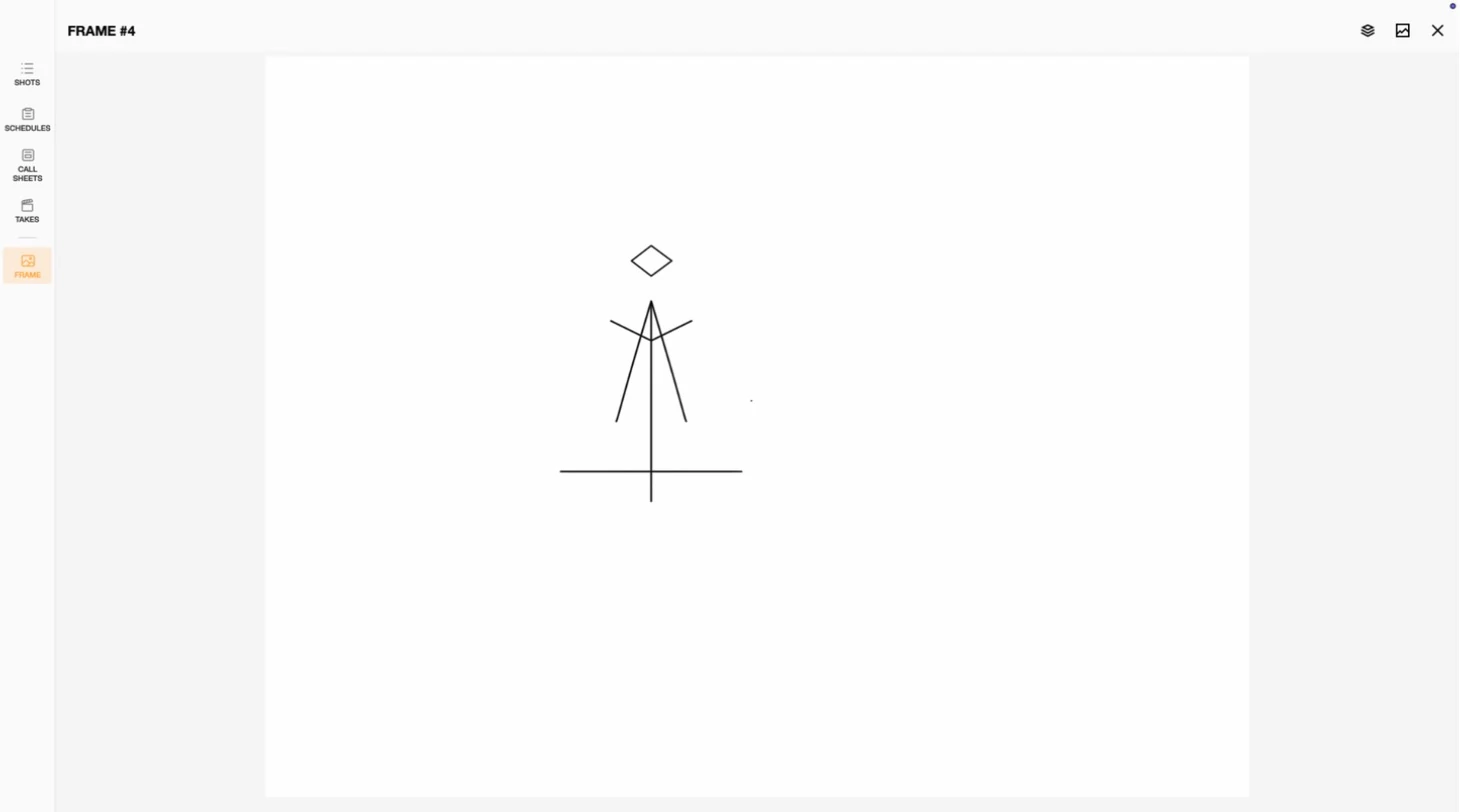 Previs Shot FRAME editor with the Low Angle shot open, showing a hand-drawn sketch of a figure seen from below