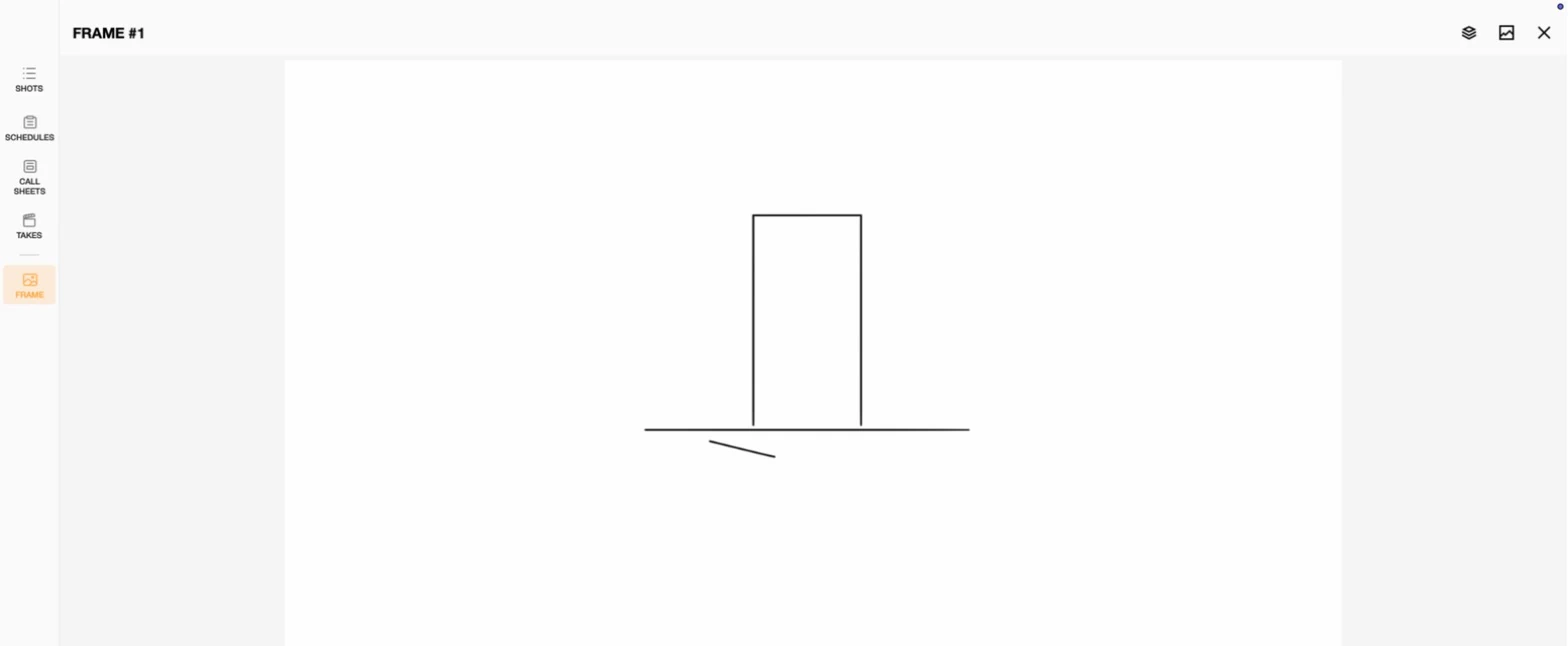 Previs Shot FRAME editor with a simple hand-drawn sketch of a doorway and doormat for the first storyboard panel