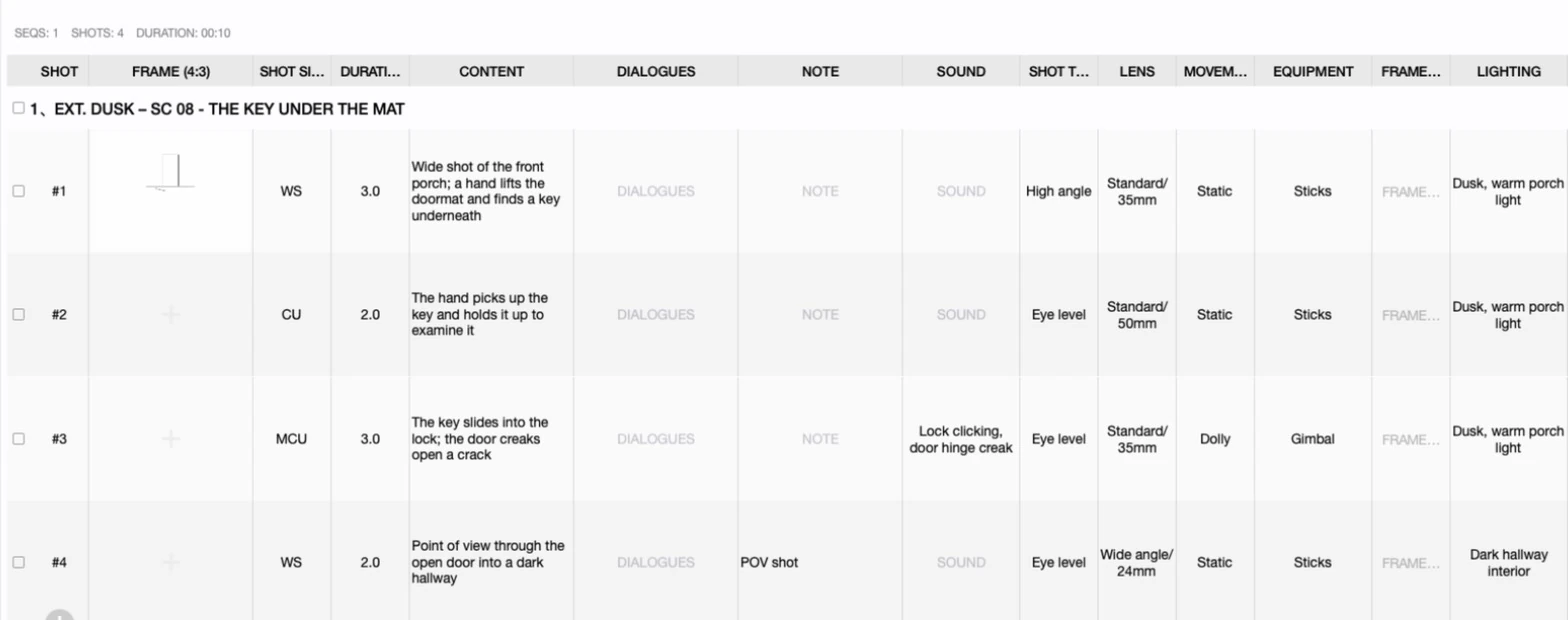 Previs Shot SHOTS table showing the same four shots now with shot size, duration, shot type, lens, movement, equipment and lighting all filled in, plus a small FRAME thumbnail on shot 1