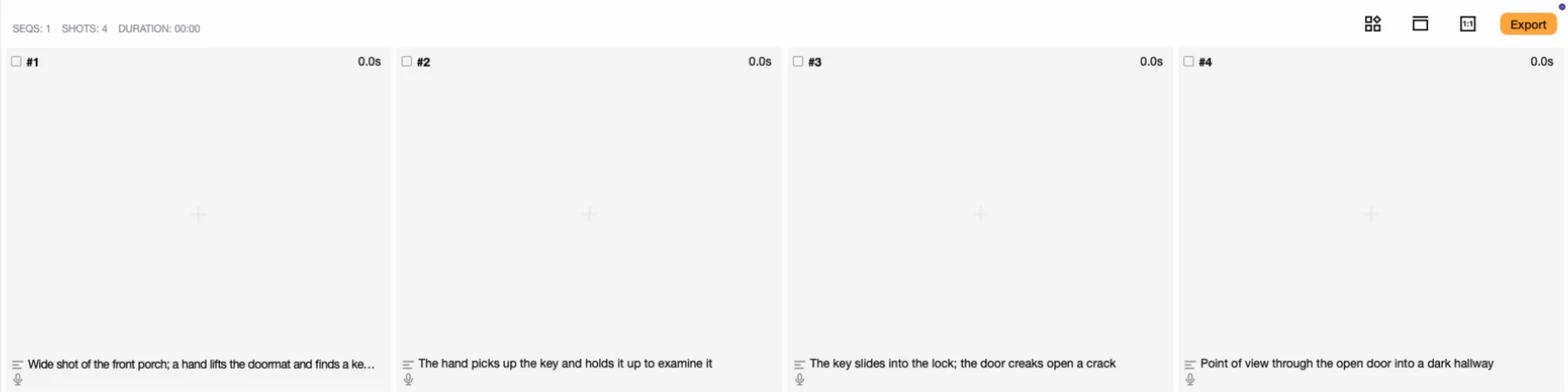 Previs Shot Storyboard display mode showing four blank panels, each with only a rough content note and no shot size, shot type or movement filled in yet