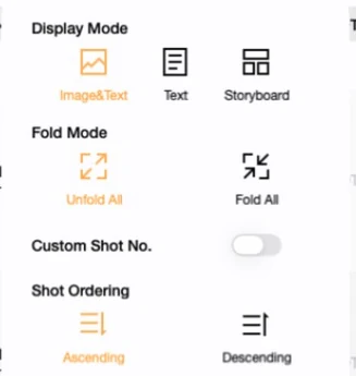 The Previs Shot Display Mode menu with three options — Image & Text, Text and Storyboard