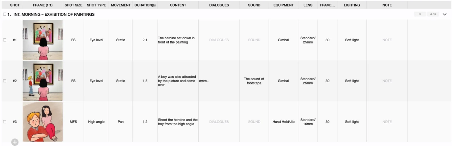 Previs Shot SHOTS view in Image & Text mode: three shots as rows with shot size, shot type, movement, duration, equipment, lens, frame rate and lighting columns filled in