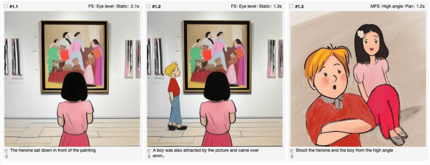 Previs Shot storyboard layout showing the same three shots as drawn panels, each labelled with its shot size, shot type and movement